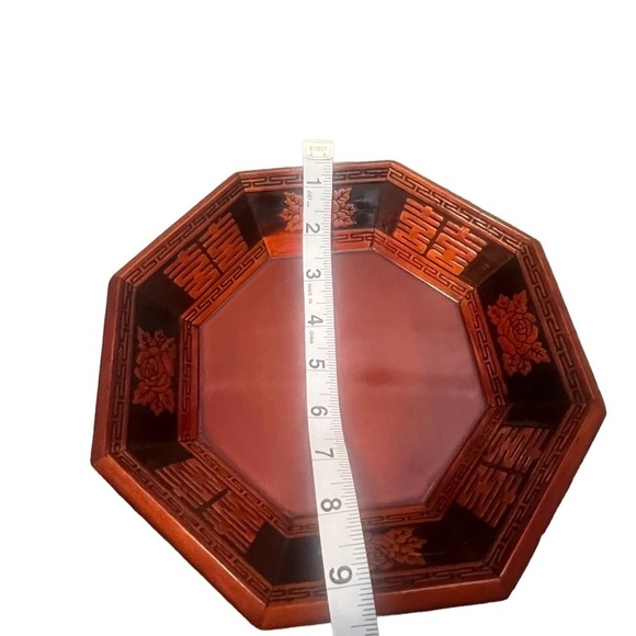 Set  Vintage‎ Asian Red Hand Carved Wooden Lacquerware Octagonal Decorative Tray - Picture 9 of 15